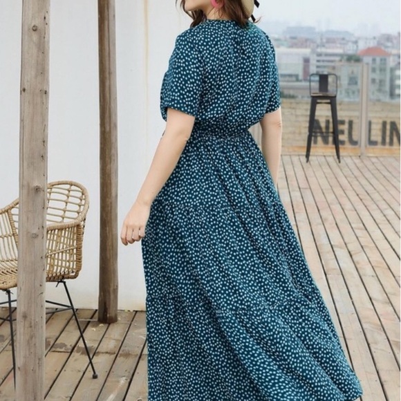 Plus Size Floral Print Teal Blue Ruffle Dress - Picture 4 of 5